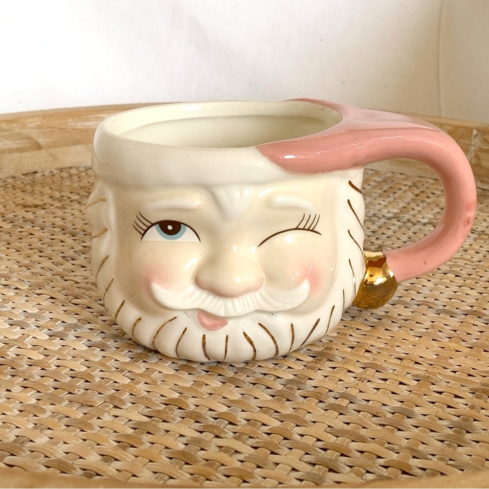 Glitterville Christmas Holiday Winking Santa Mug with Pink Handle Gold Accents
